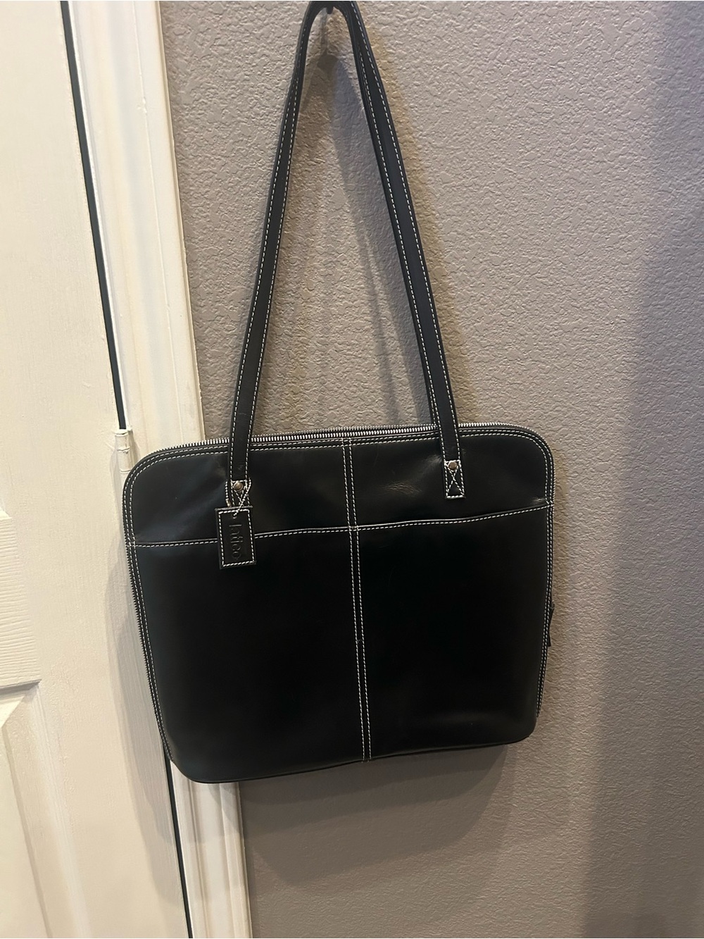 Perfect condition Latico Black Leather Laptop Tote with White Stitching.